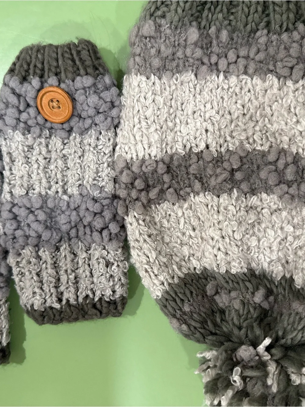 Striped Gray Knit Pom Beanie and Mittens Set with Button Accent